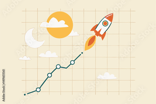 Trading stock or crypto price rising high to the moon, crypto currency value soaring sky rocket, get rich or make profit investment, rocket stock or crypto currency graph flying high to the moon.
