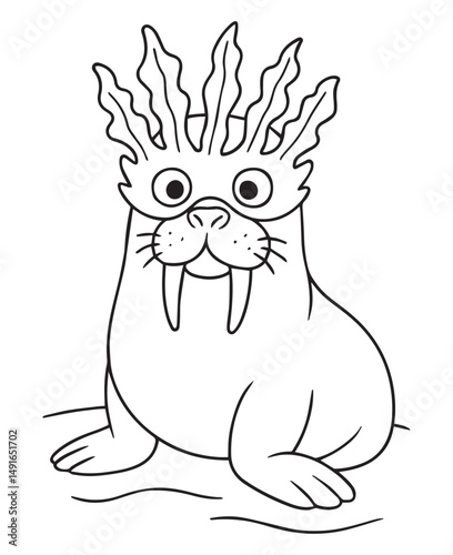 Coloring book walrus with small tusks wears a mask face made of seaweed.