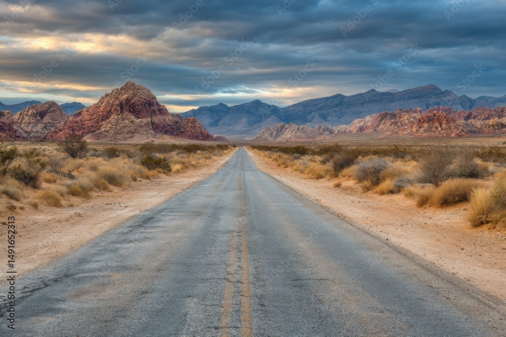 Fototapeta premium Desert Road Leading to Mountains Under Dramatic Sky, Eye-Level View in Valley of Fire State Park, Nevada