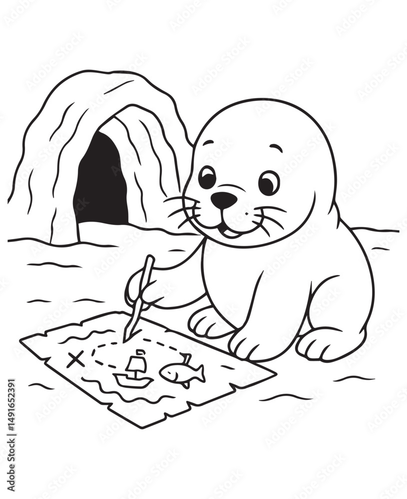 Obraz premium Coloring book baby walrus sits near a cave, marking a treasure map with an 