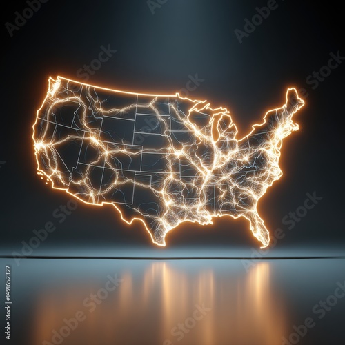 United States map illuminated with glowing network lines on dark background studio shot visualizing connectivity infrastructure