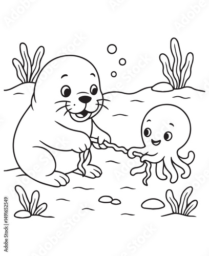 Coloring book sea lion plays tug-of-war with a smiling octopus underwater amongst seaweed and bubbles. 