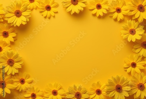 The yellow flowers are arranged in a square frame on a yellow background
