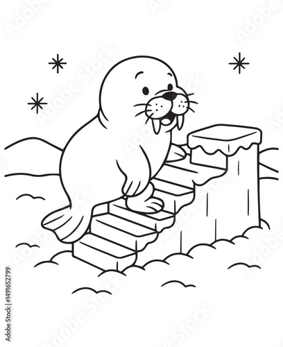 Coloring book  baby walrus with small tusks climbs up an ice floe under falling snowflakes. 