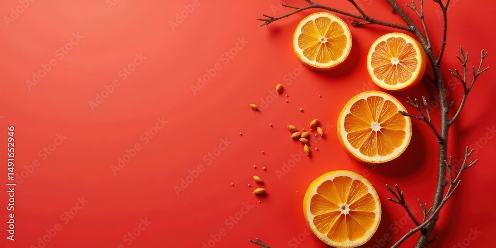 Vibrant Citrus Slices Arranged with a Twig on a Red Background Vibrant Citrus Slices Arranged with a Twig on a Red Background