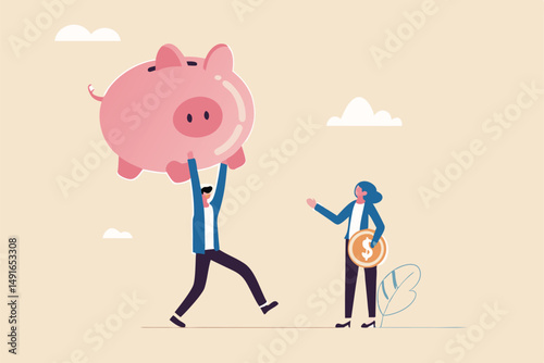 Investment return or income comparison, success and fail in savings or pension fund, being rich or wealthy concept, businessman holding small piggy bank while looking at other bigger pension fund.