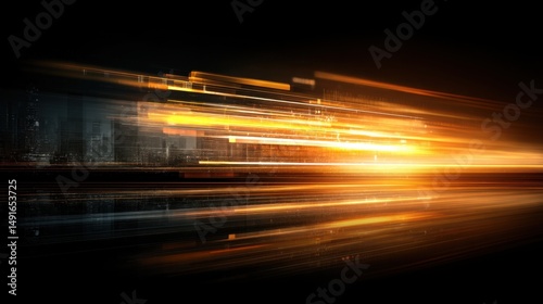 Golden light streaks through a dark cityscape abstract long exposure motion blur style futuristic tech background