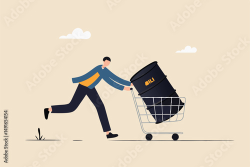 Crude oil investment, buy oil stock to make profit, fuel, power or energy company concept, businessman investor buying crude oil gallon in shopping cart trolley.
