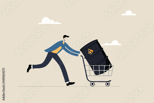 Crude oil investment, buy oil stock to make profit, fuel, power or energy company concept, businessman investor buying crude oil gallon in shopping cart trolley.