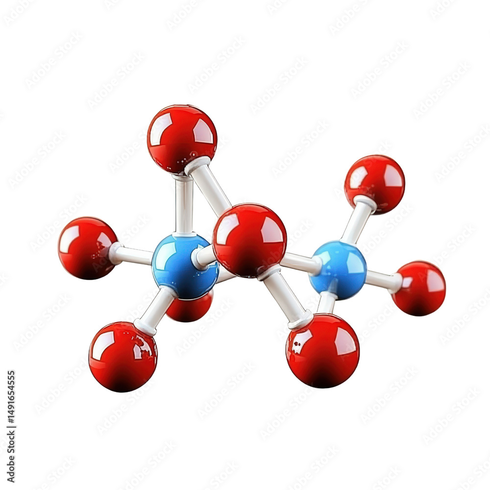 Obraz premium Detailed molecular model displaying a complex arrangement of atoms with red and blue spheres connected by bonds, representing a chemical compound or molecule structure