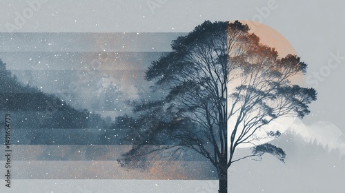 Abstract landscape illustration with a tree, snow, and geometric layers