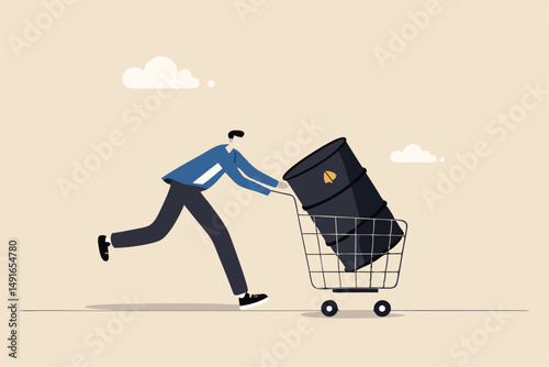 Crude oil investment, buy oil stock to make profit, fuel, power or energy company concept, businessman investor buying crude oil gallon in shopping cart trolley.