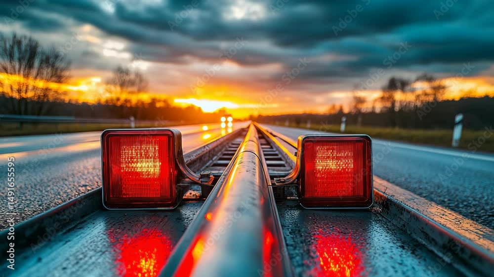 Industrial roadside element concept. A close-up of a reflective road barrier with red warning lights, set against a dramatic sunset sky on an empty highway