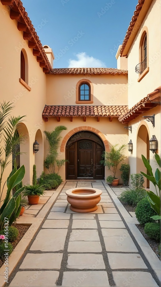 Fototapeta premium Spanish Style Home with Central Courtyard and Stucco Walls in Warm Natural Light