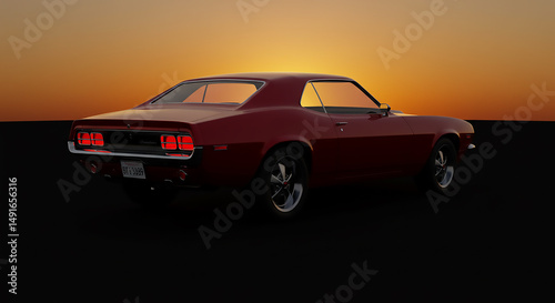 Rear view of a classic red car parked against a sunset sky with a dark background setting the scene