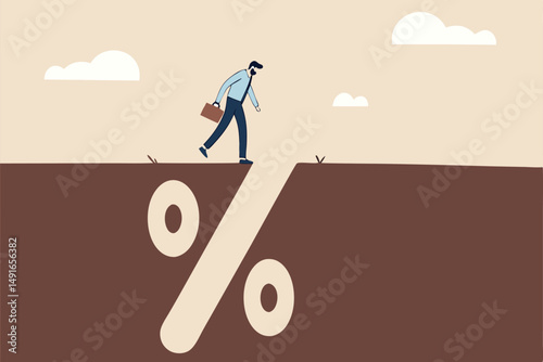 Financial pitfall, mistake or failure, mortgage, loan or debt trap or risk management, investment profit and loss concept, careful businessman looking into deep hole of banking percentage sign pit.