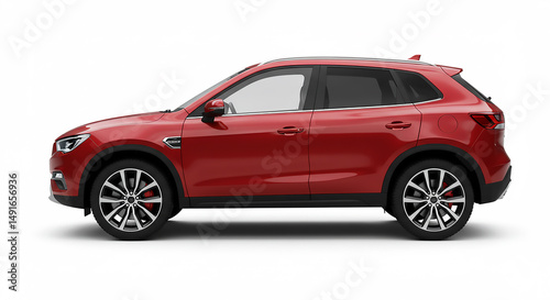 Side view of a red suv with black and silver rims parked on a white background in a studio setting