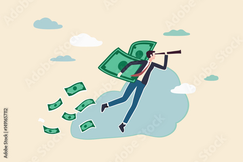 Financial success, make profit from investment opportunity, money management and wealth preservation concept, rich businessman flying with money banknote wings using telescope to see future vision.