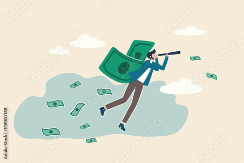 Financial success, make profit from investment opportunity, money management and wealth preservation concept, rich businessman flying with money banknote wings using telescope to see future vision.