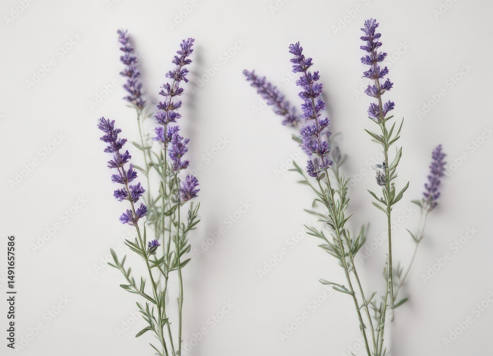 Naklejka premium Several lavender sprigs with delicate blooms, pure white backdrop , summer, aroma