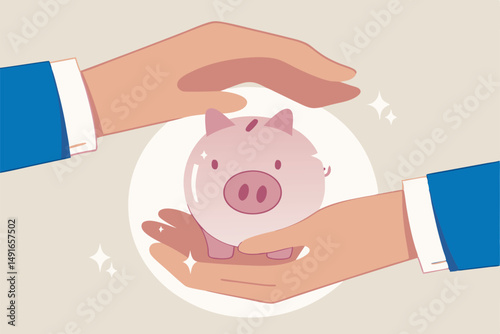 Financial risk assurance, protect money from inflation or economic crisis, insurance, tax or wealth management concept, strong businessman hand shielding protect piggy bank saving money box.