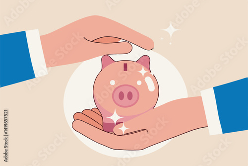 Financial risk assurance, protect money from inflation or economic crisis, insurance, tax or wealth management concept, strong businessman hand shielding protect piggy bank saving money box.