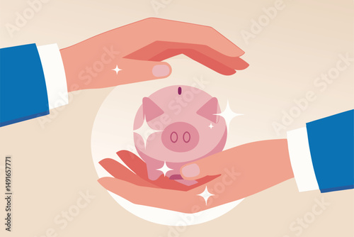 Financial risk assurance, protect money from inflation or economic crisis, insurance, tax or wealth management concept, strong businessman hand shielding protect piggy bank saving money box.