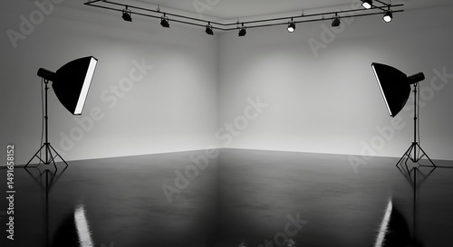 A minimalist photo studio setup with softboxes and track lighting in a corner space in monochrome