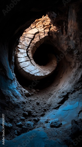 Mystical subterranean spiral cavern with a rock opening in the ceiling