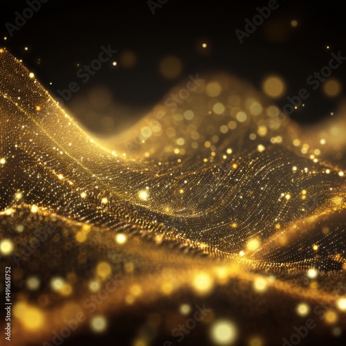 Golden glittering particles flowing in waves on black background abstract luxury style concept graphic design