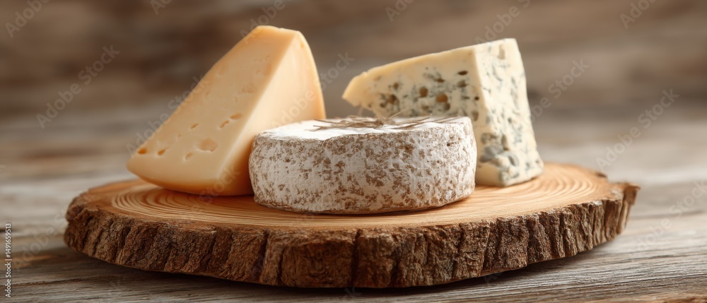 Fototapeta premium Cheese Assortment Still Life Close Up on Wooden Board Gourmet Food Photography Delicious Dairy Product Variety Rustic Background