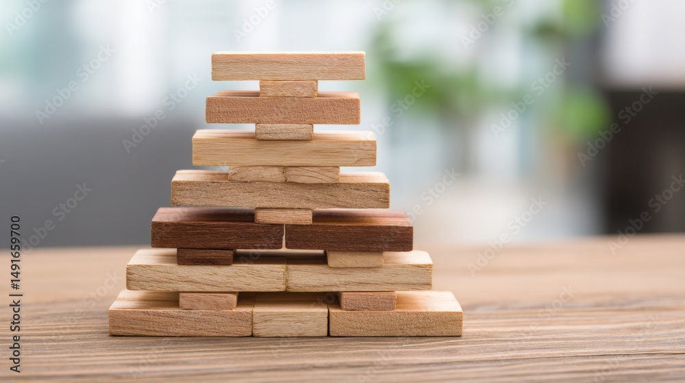 Stack of wooden blocks representing structured architecture concept for building scalable business foundations Stack of wooden blocks representing structured architecture concept for building scalable business foundations