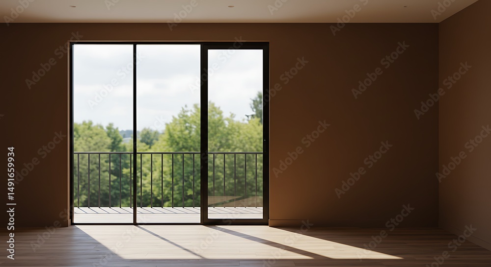 Obraz premium Black frame glass wall and door to balcony of empty room with brown wall with tree view for interior design decoration