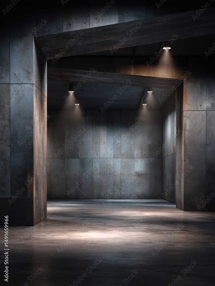 Obraz premium Empty concrete room interior with spotlights architectural perspective industrial space design modern minimalist architecture building structure