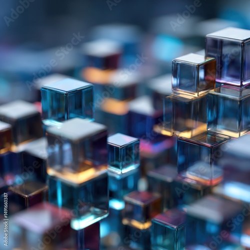 Abstract arrangement of transparent cubes forming a futuristic landscape with blue and gold light reflections studio shot