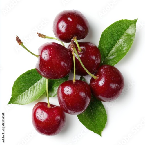 Overhead shot of fresh ripe cherries with green leaves on white background studio shot healthy food concept
