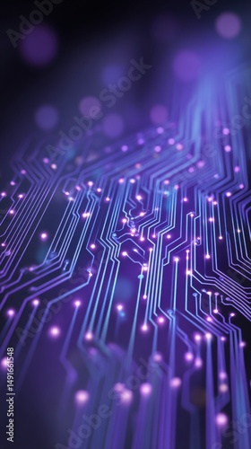 Abstract low angle view of a purple circuit board with glowing nodes for technology or data concept
