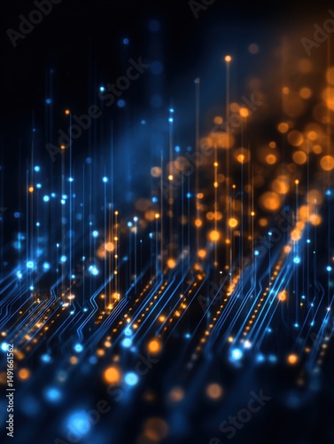 Abstract circuit board with glowing lights shows data flow in a modern tech style with blue and orange colors