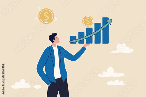 Investment profit growth, financial advisor or wealth management, make money to get rich or increase earning or income concept, confidence businessman investor holding big rising profit growth graph.