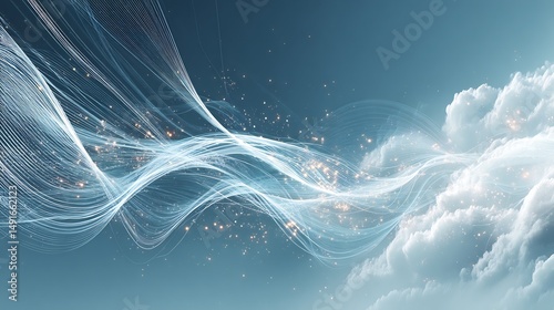 Ethereal blend: Waving lines of light juxtaposed against billowing clouds in a tranquil sky