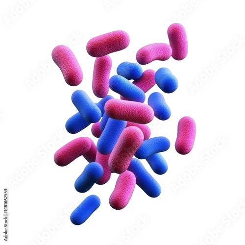 Close-up of colorful bacteria or probiotic microorganisms in pink and blue, magnified view of single-celled organisms for scientific research and microbiology studies