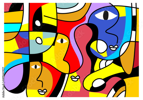 Playful and colorful abstract faces with spiral motifs and symbolic shapes in pop-surrealist style.