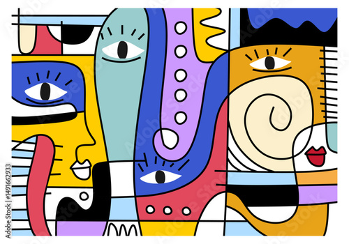 Playful and colorful abstract faces with spiral motifs and symbolic shapes in pop-surrealist style.