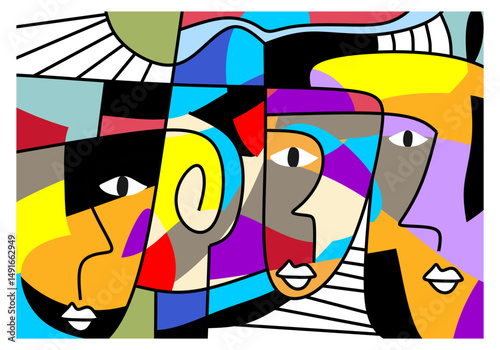 Playful and colorful abstract faces with spiral motifs and symbolic shapes in pop-surrealist style.