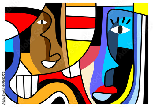Playful and colorful abstract faces with spiral motifs and symbolic shapes in pop-surrealist style.