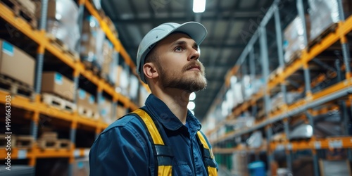 A man in a blue shirt and yellow vest standing in a warehouse with shelves of boxes in the background.