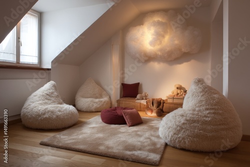 Cozy playroom interior with beanbag chairs and fluffy cloud light fixture in attic room low angle