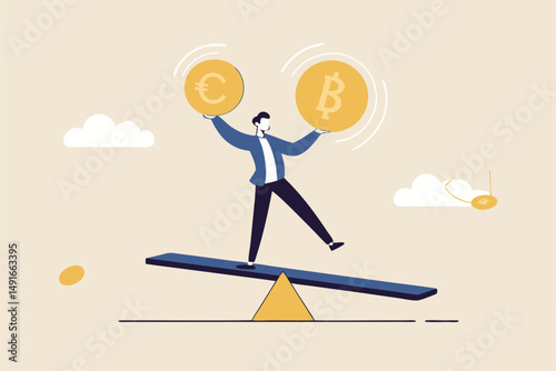 Investment portfolio with Bitcoin or crypto currency, buy or sell trading, crypto market exchange value concept, businessman investor or trader balance portfolio with dollar coin and bitcoin.