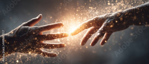 Two Hands Reaching Out in Sparkly Light Close Up Shot of Fingers Touching in Hope and Connection