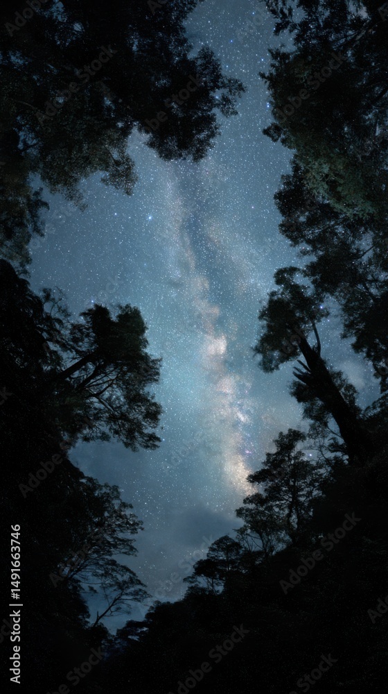 Fototapeta premium Milky Way Galaxy Shines Above Forest Canopy Low Angle View Night Sky Photography Starry Scene Nature Landscape